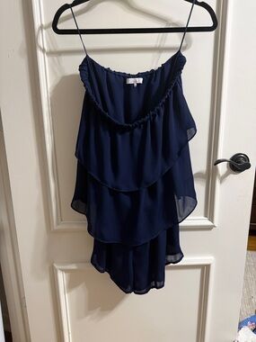 Parker Navy Blue Layered Romper. Cinches at waist.